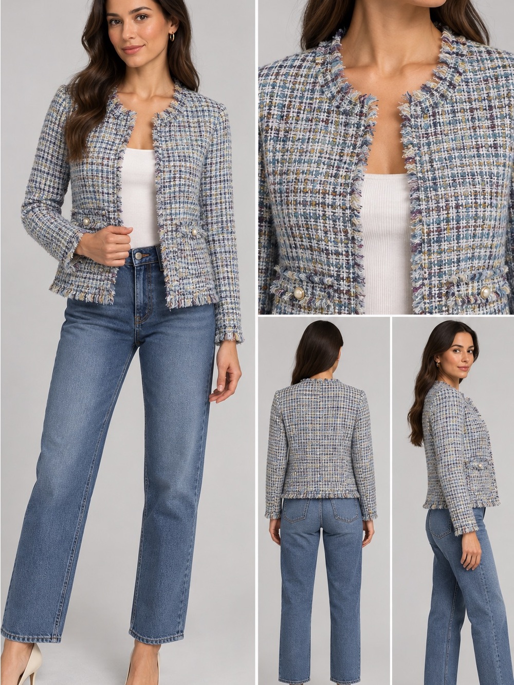 Nanette Lepore Blue Multi Tweed Frayed-Trim Jacket